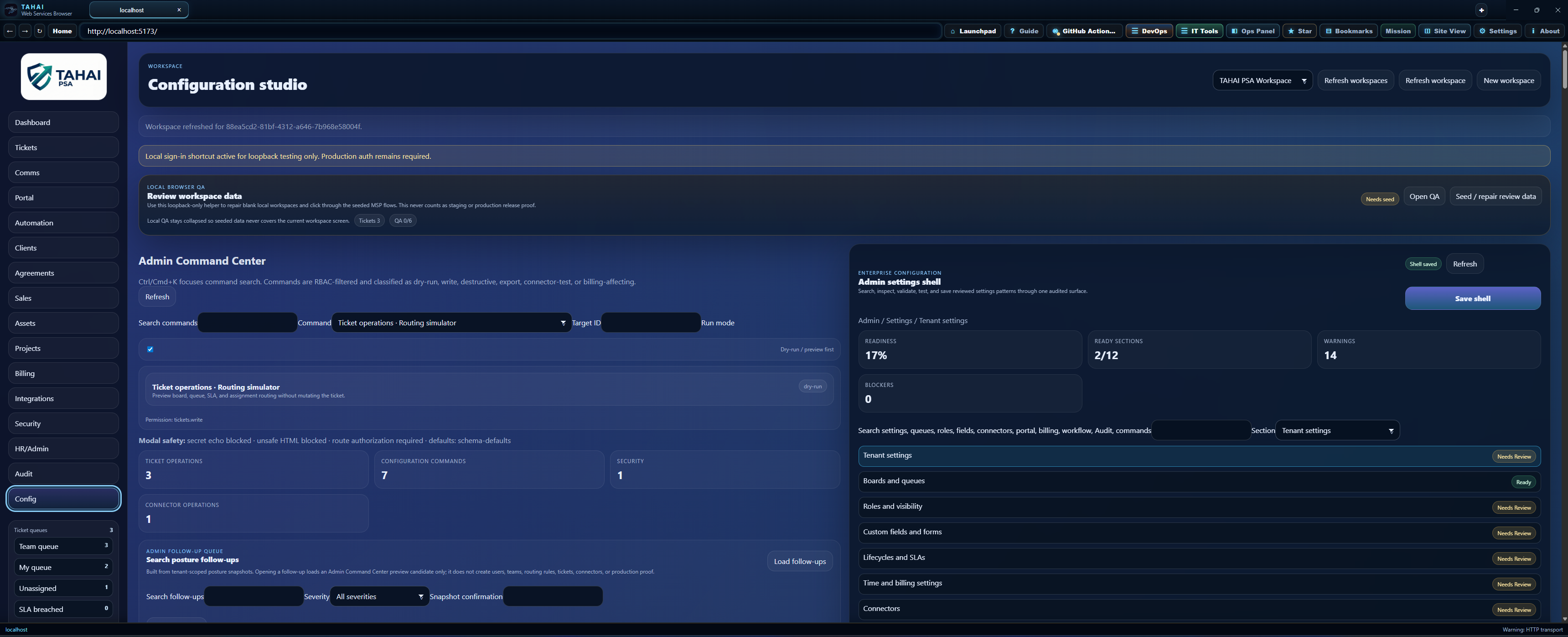 TAHAI PSA configuration screen with ticket configuration controls, workflow and queue governance.
