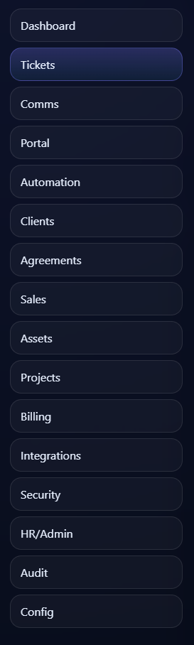 Main navigation screenshot showing TAHAI PSA module groups.