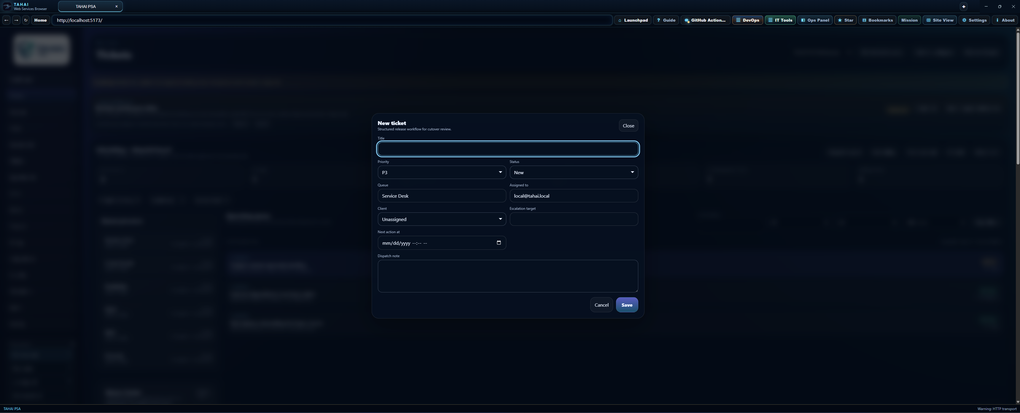 New ticket modal screenshot.